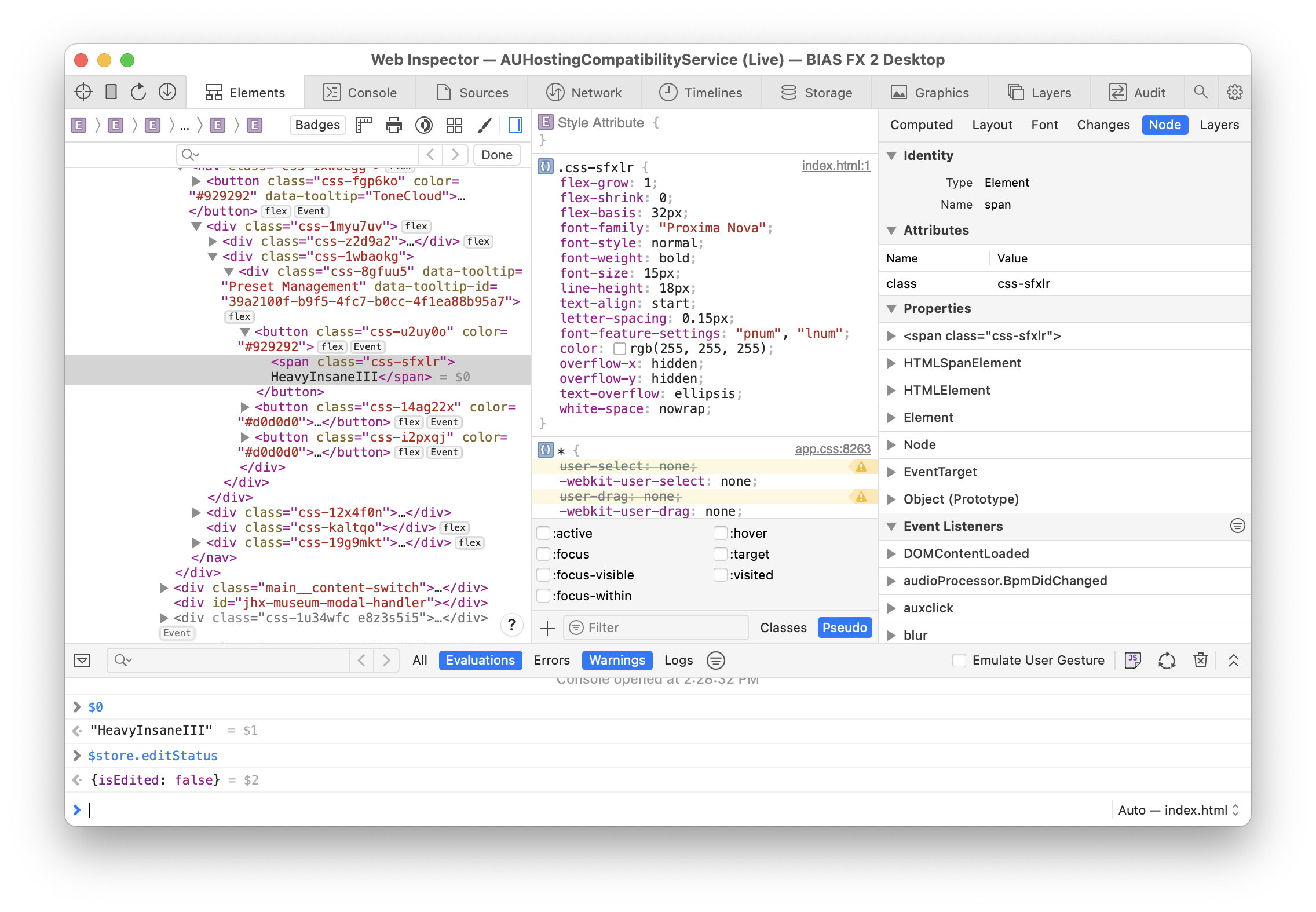 BIAS FX's UI in Safari's Web Inspector